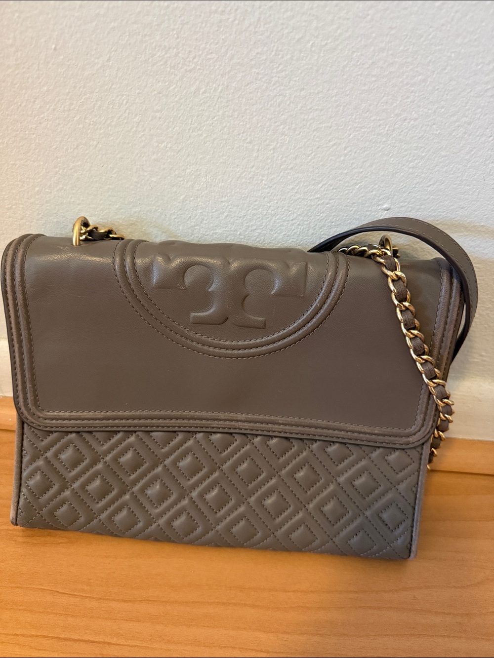 Tory Burch Quilted Taupe Leather Shoulder Bag with Gold Chain